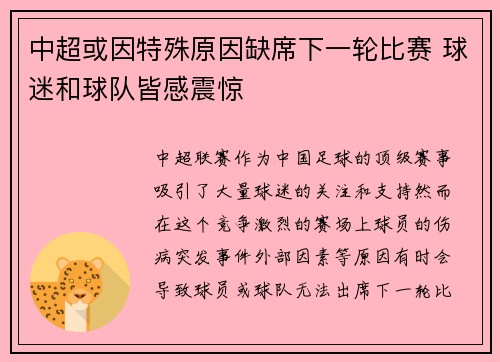 中超或因特殊原因缺席下一轮比赛 球迷和球队皆感震惊 中超或因特殊原因缺席下一轮比赛 球迷和球队皆感震惊