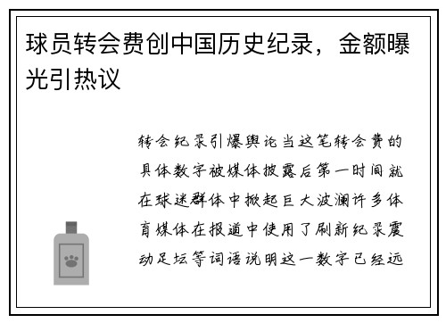 球员转会费创中国历史纪录，金额曝光引热议